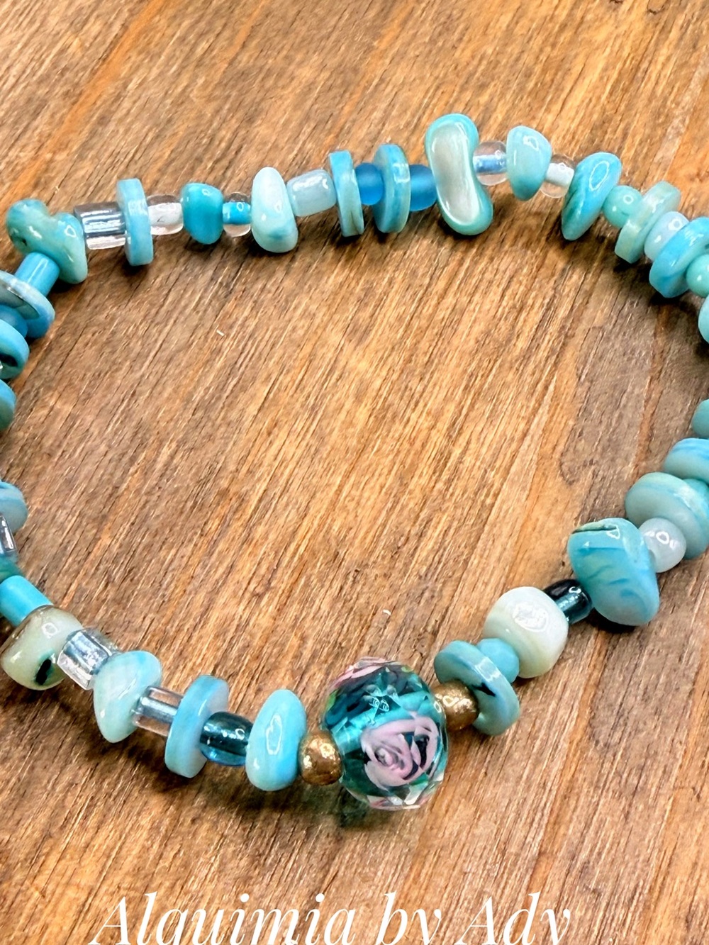Alquimia Turquoise and Aqua Glass Bead Bracelet with Floral Lampwork Accent